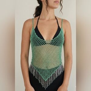 Green crochet handmade cover-up with beading